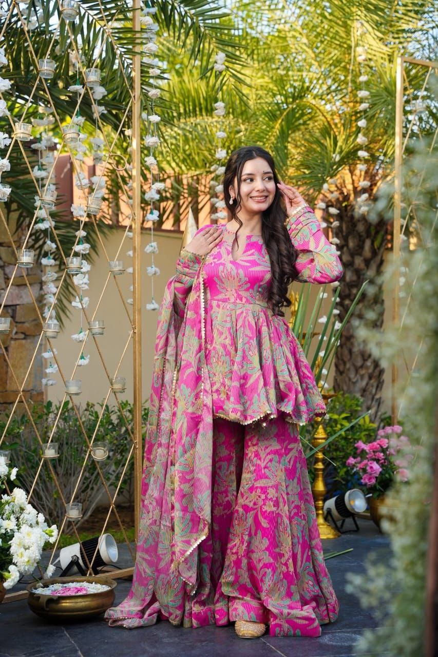 Luxury Pink Floral Printed Designer Peplum Kurta with Sharara & Dupatta Set