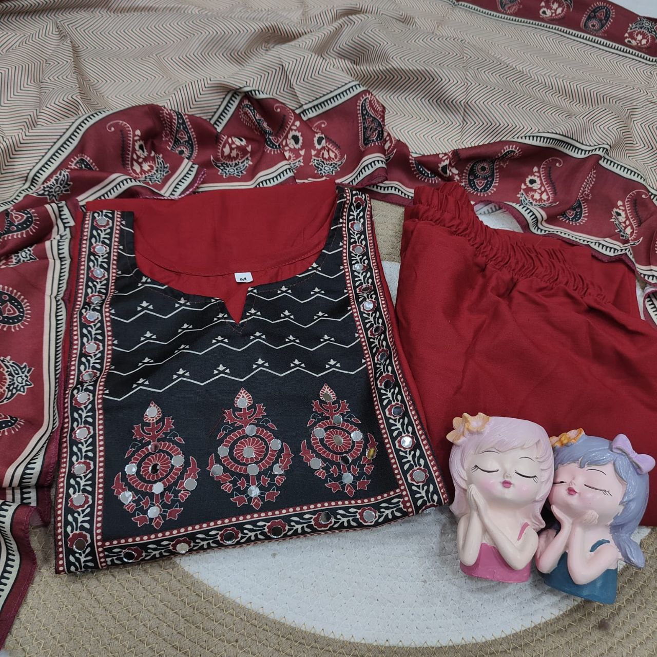 Royal Maroon Heritage Rayon Kurta Pant & Dupatta Set for Women