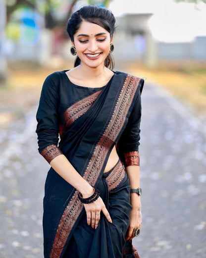 Elegant Jet Black Lichi Silk Saree with Rich Copper Zari Border for Women