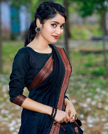 Elegant Jet Black Lichi Silk Saree with Rich Copper Zari Border for Women