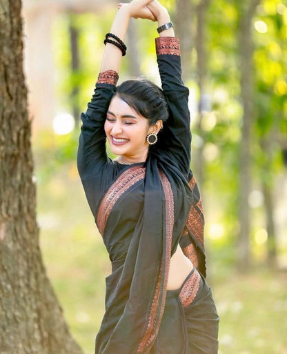 Elegant Jet Black Lichi Silk Saree with Rich Copper Zari Border for Women