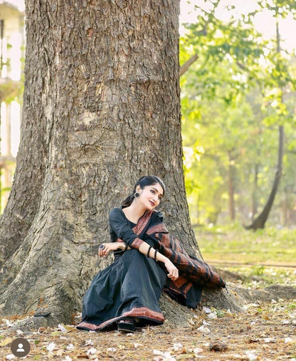 Elegant Jet Black Lichi Silk Saree with Rich Copper Zari Border for Women