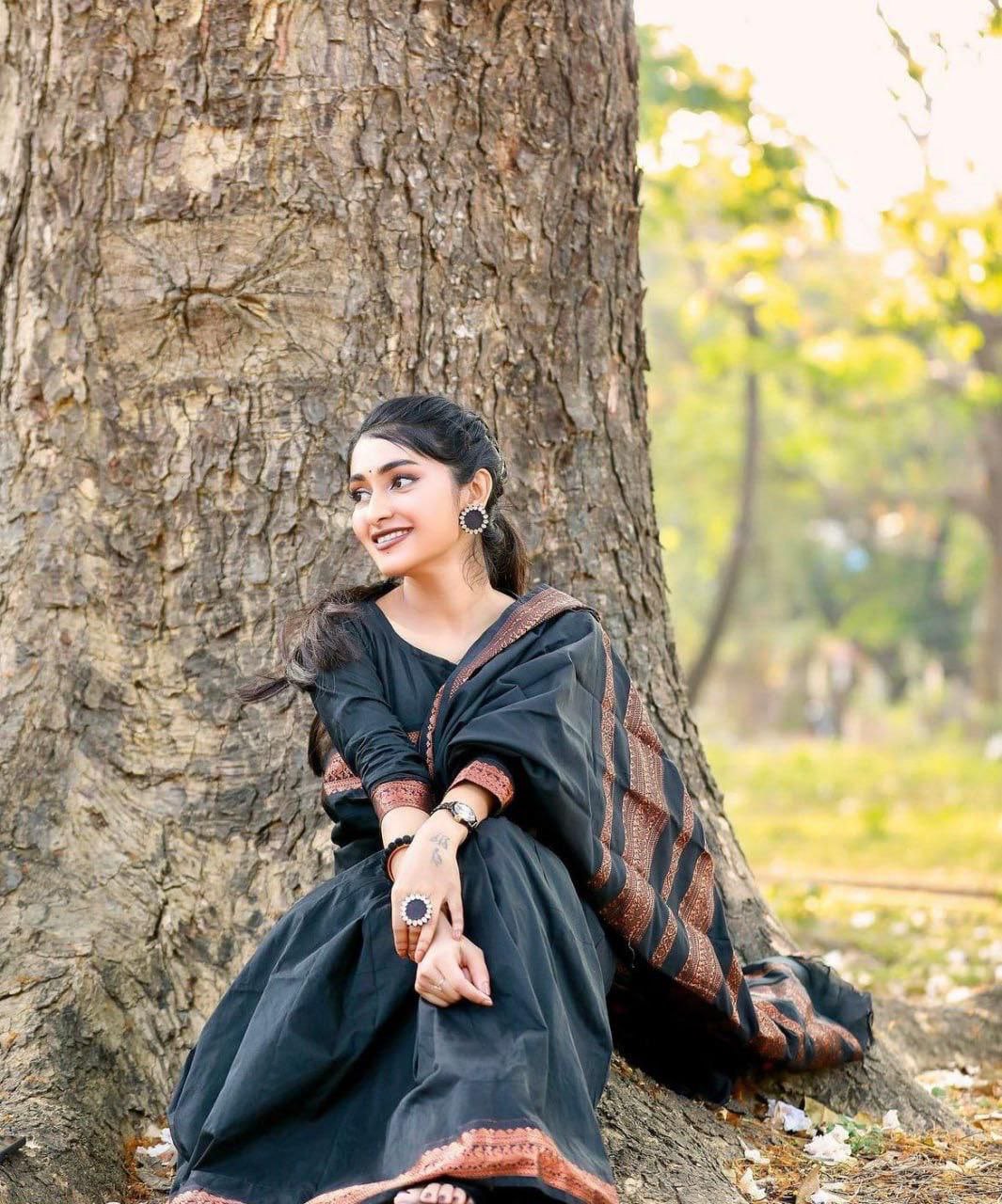 Elegant Jet Black Lichi Silk Saree with Rich Copper Zari Border for Women