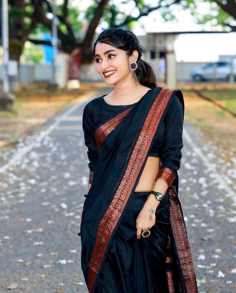 Elegant Jet Black Lichi Silk Saree with Rich Copper Zari Border for Women