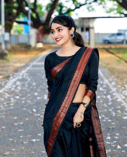 Elegant Jet Black Lichi Silk Saree with Rich Copper Zari Border for Women