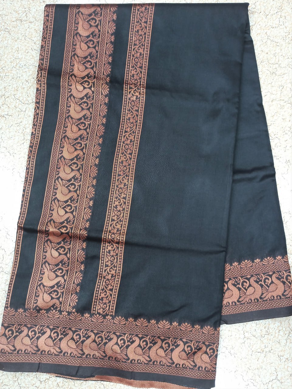 Elegant Jet Black Lichi Silk Saree with Rich Copper Zari Border for Women