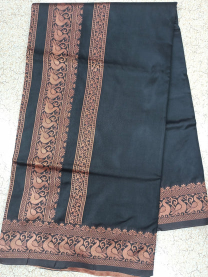 Elegant Jet Black Lichi Silk Saree with Rich Copper Zari Border for Women