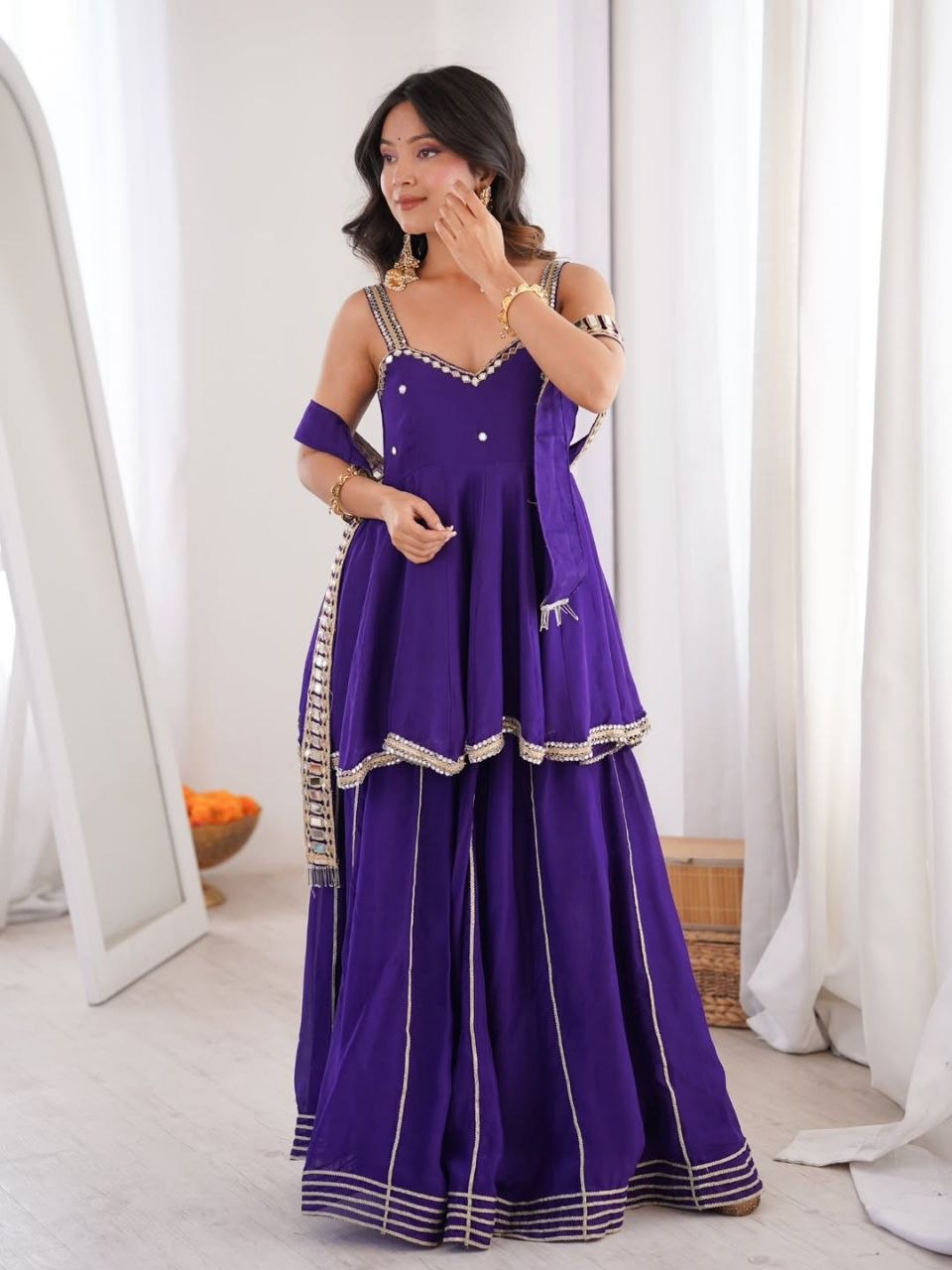 Royal Purple Mirror Work Sharara Suit Set