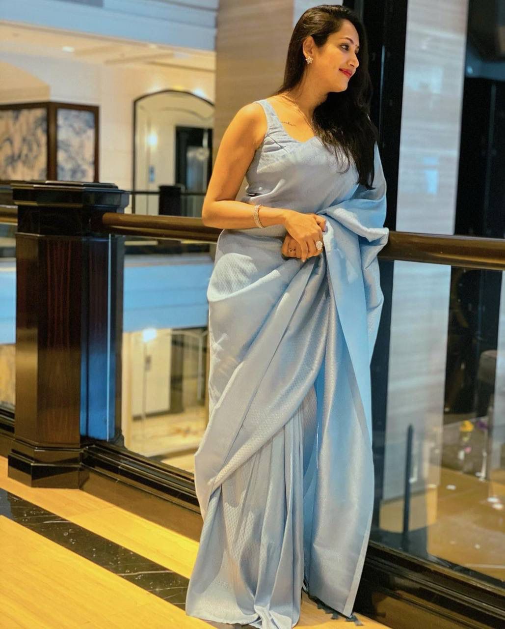 Beautiful Sky Blue Soft Silk Saree with Minimal Elegant Finish and Stylish work
