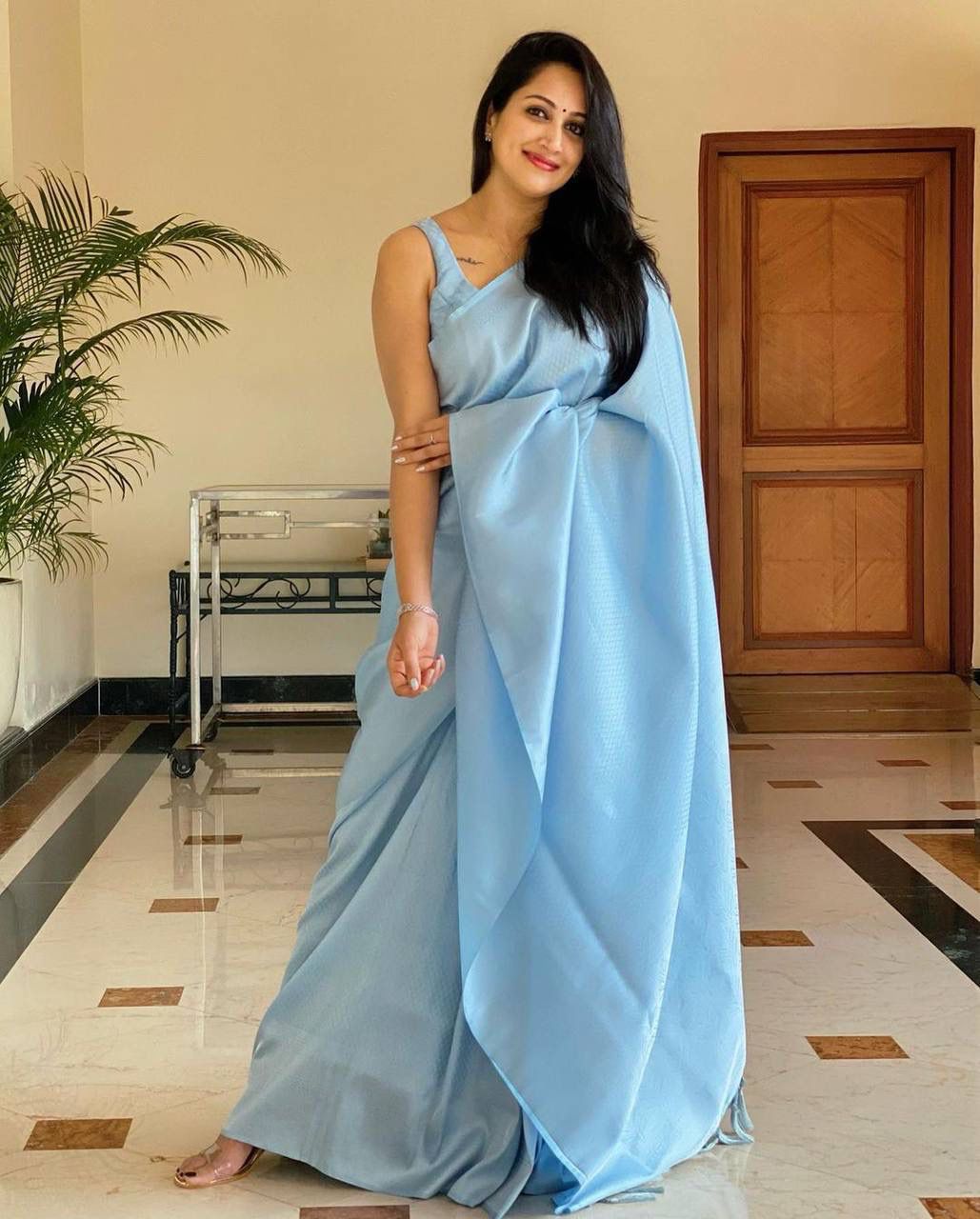 Beautiful Sky Blue Soft Silk Saree with Minimal Elegant Finish and Stylish work