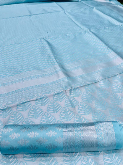 Beautiful Sky Blue Soft Silk Saree with Minimal Elegant Finish and Stylish work
