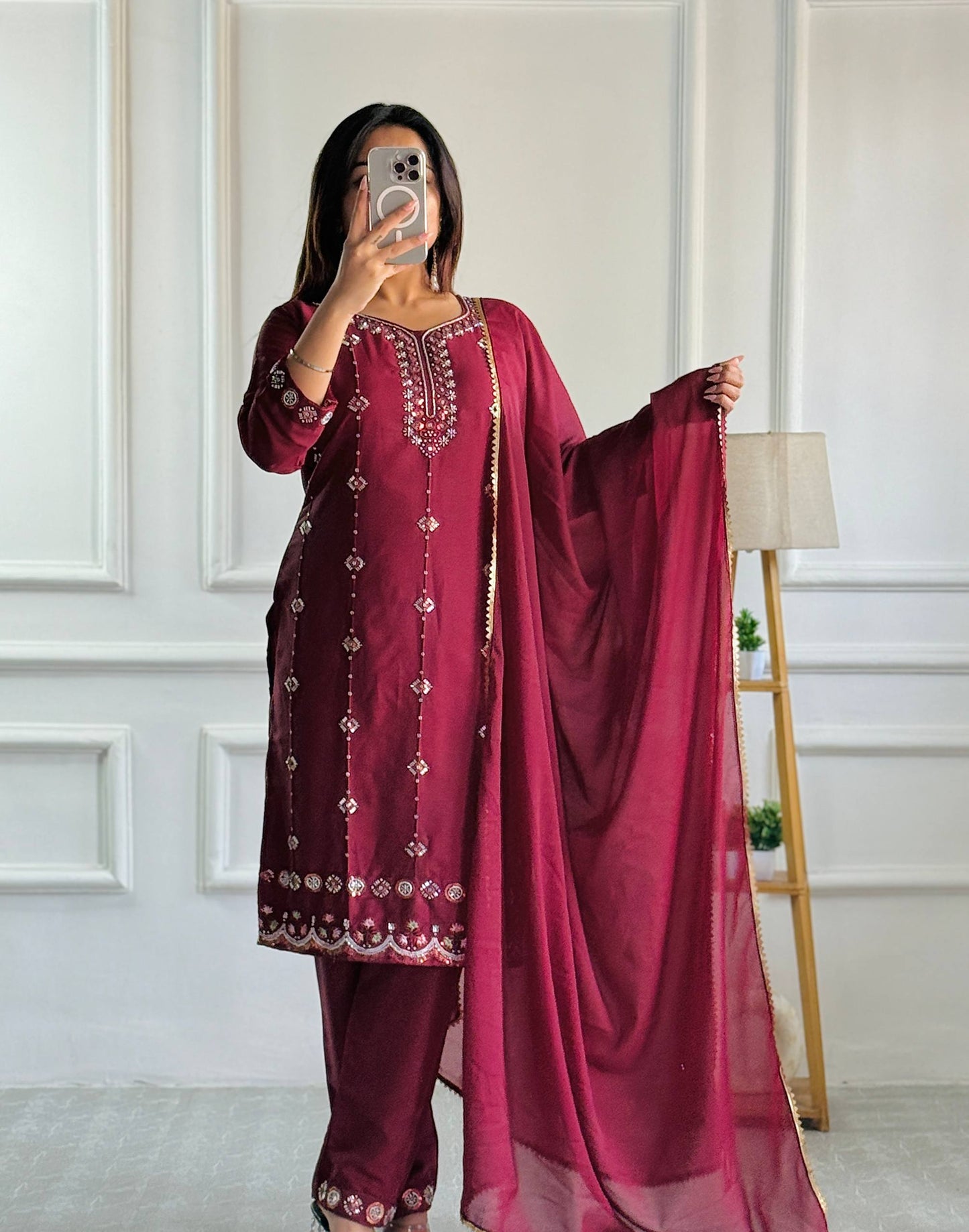 Elegant Wine Embroidered Designer Kurta Set with Dupatta