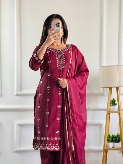 Elegant Wine Embroidered Designer Kurta Set with Dupatta