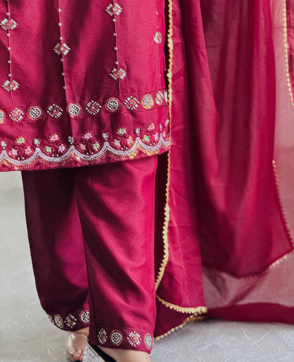 Elegant Wine Embroidered Designer Kurta Set with Dupatta