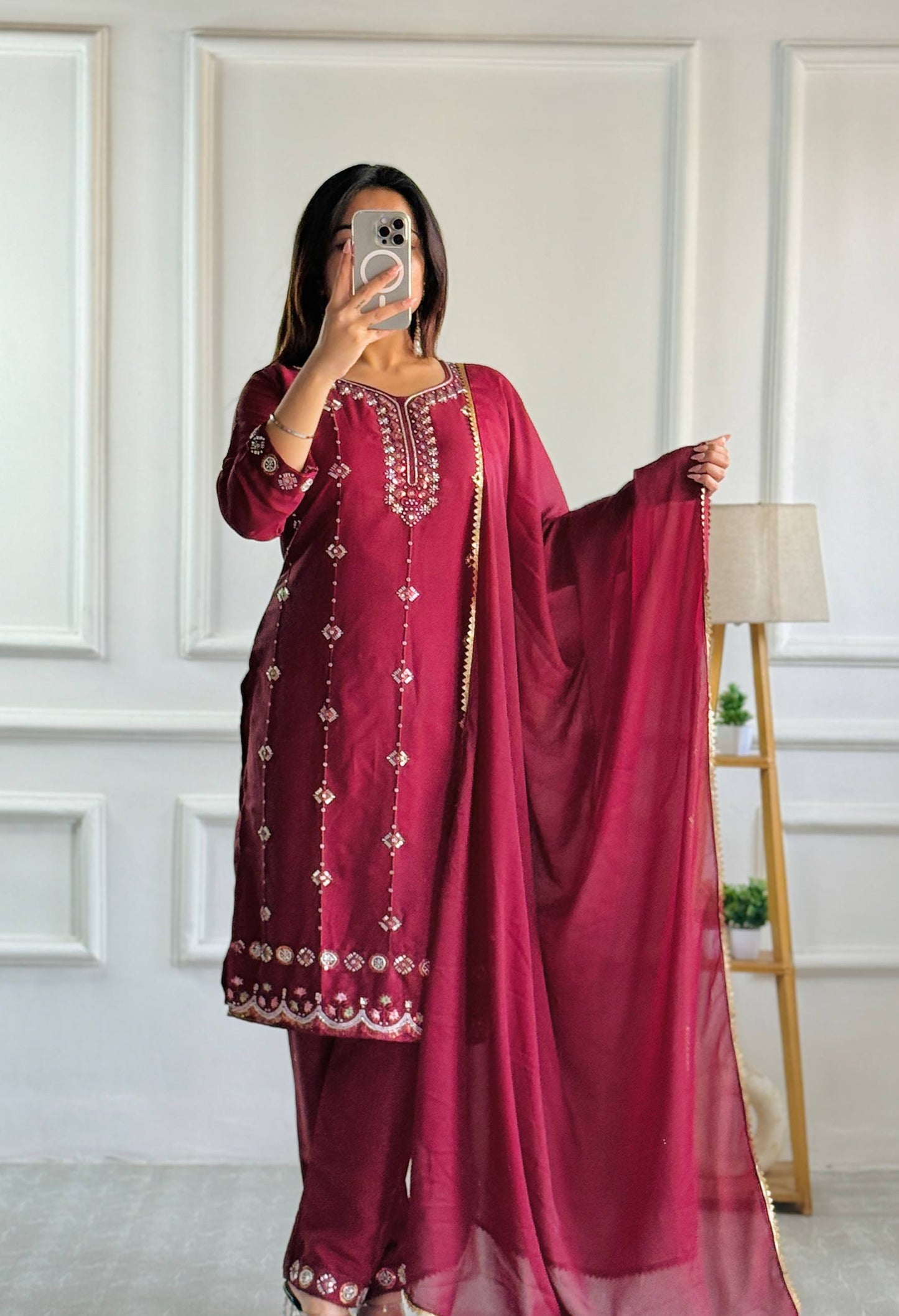 Elegant Wine Embroidered Designer Kurta Set with Dupatta