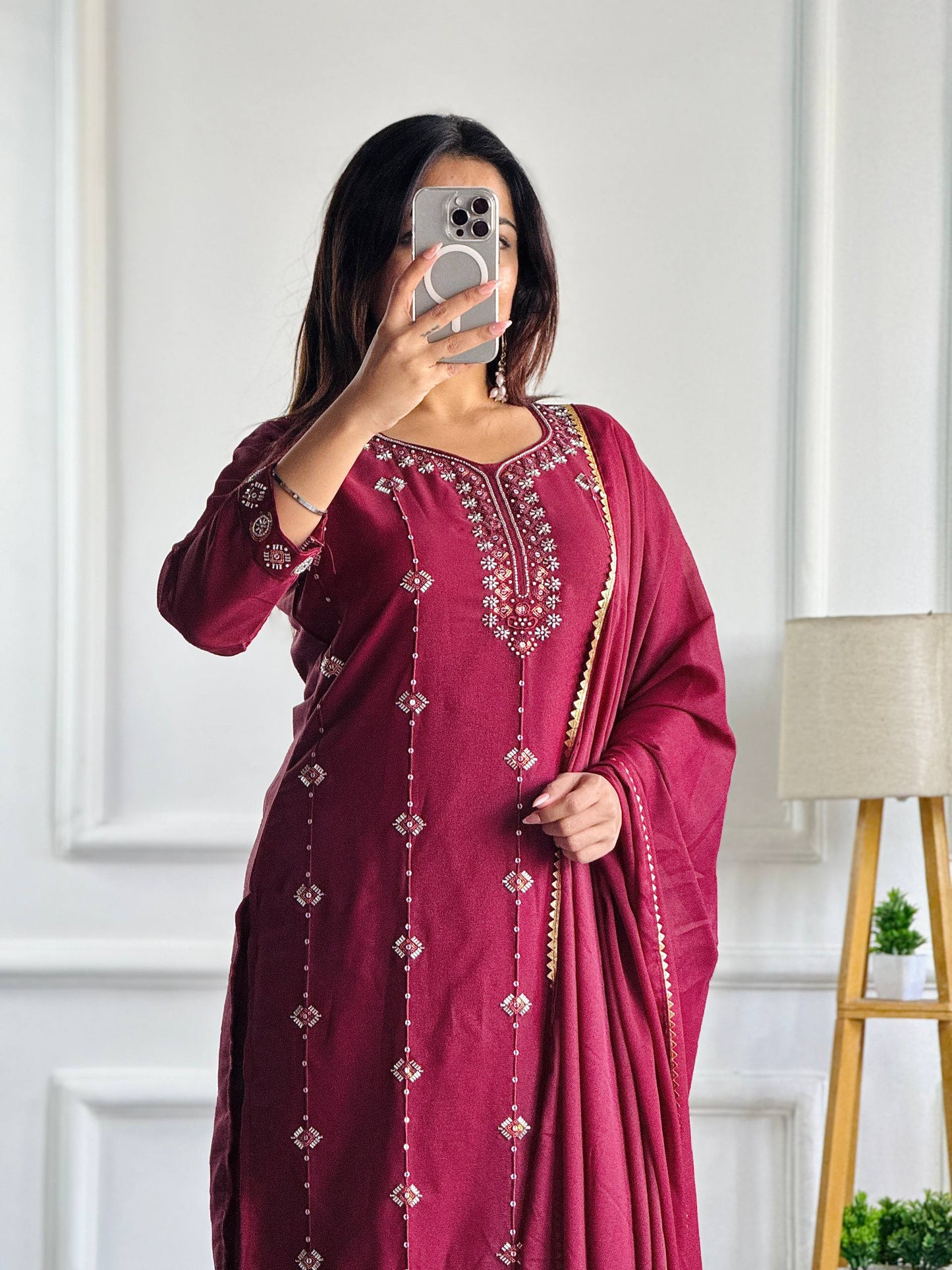 Elegant Wine Embroidered Designer Kurta Set with Dupatta