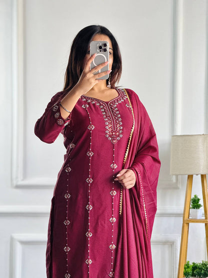 Elegant Wine Embroidered Designer Kurta Set with Dupatta