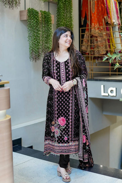 Luxury Black Floral Printed Chinon Silk Straight Suit Set with Matching Dupatt