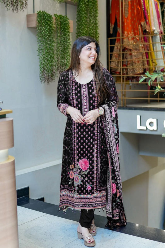 Luxury Black Floral Printed Chinon Silk Straight Suit Set with Matching Dupatt