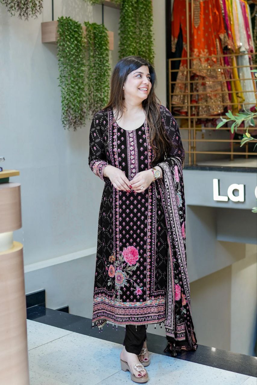 Luxury Black Floral Printed Chinon Silk Straight Suit Set with Matching Dupatt