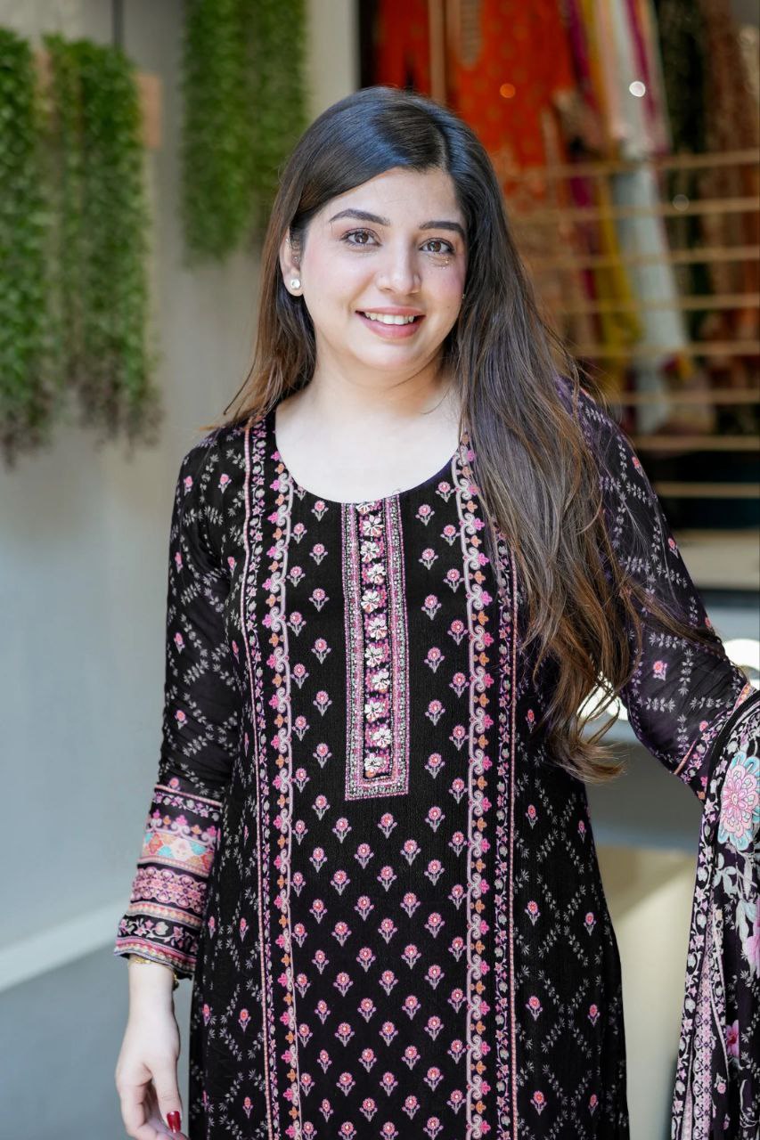 Luxury Black Floral Printed Chinon Silk Straight Suit Set with Matching Dupatt
