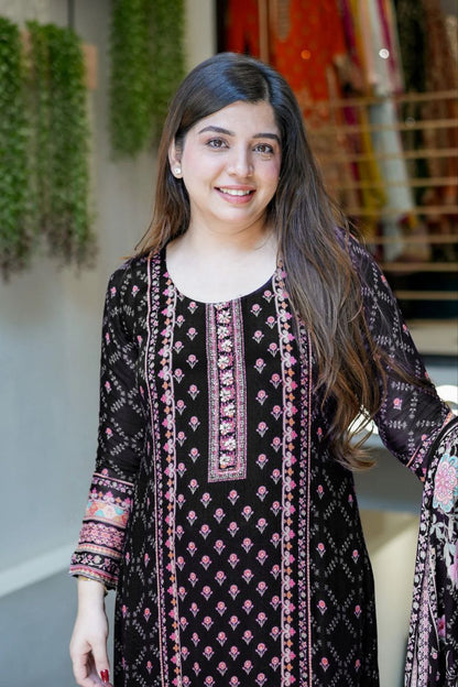 Luxury Black Floral Printed Chinon Silk Straight Suit Set with Matching Dupatt