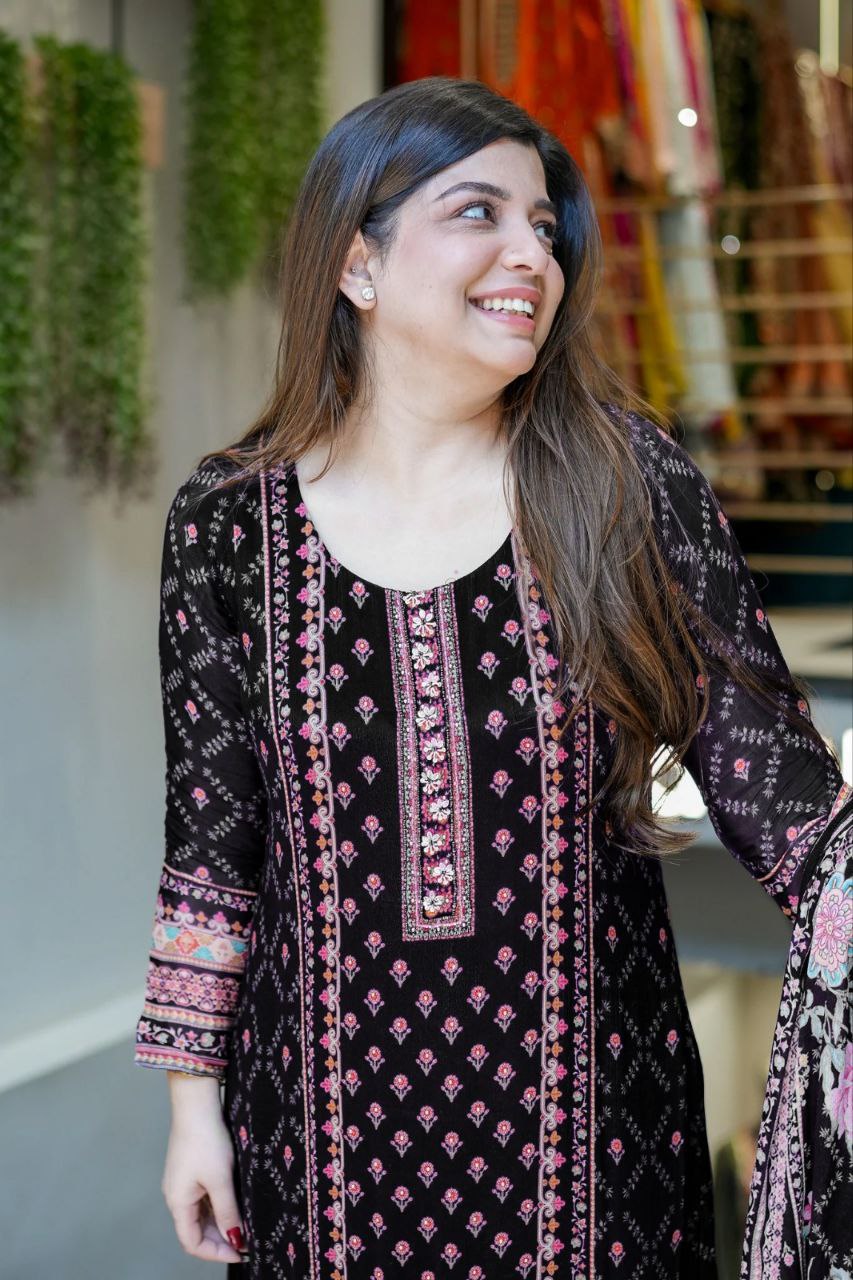 Luxury Black Floral Printed Chinon Silk Straight Suit Set with Matching Dupatt