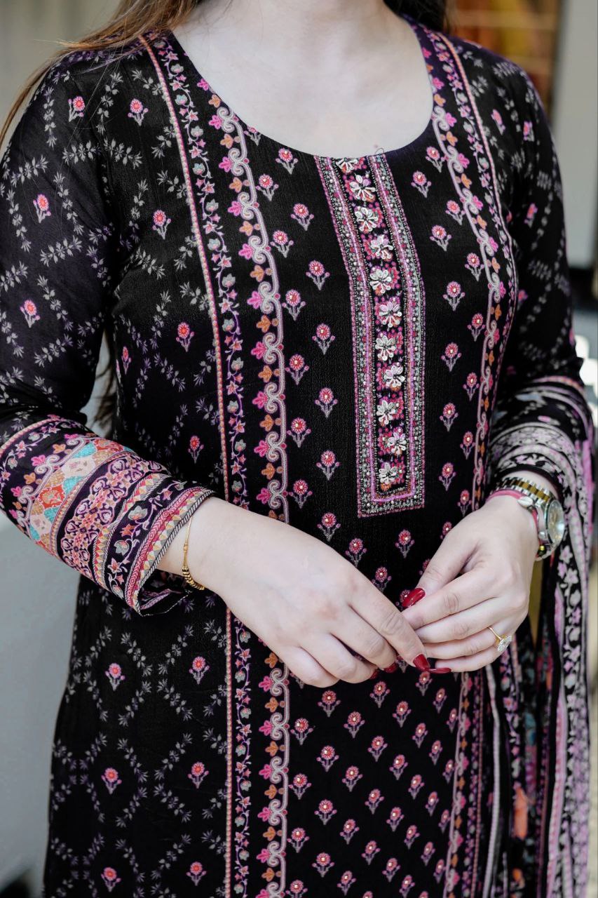 Luxury Black Floral Printed Chinon Silk Straight Suit Set with Matching Dupatt