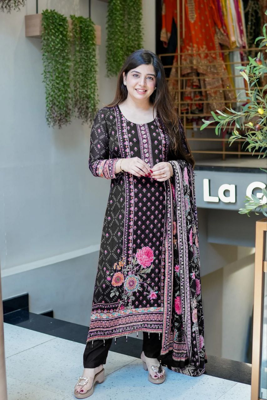Luxury Black Floral Printed Chinon Silk Straight Suit Set with Matching Dupatt