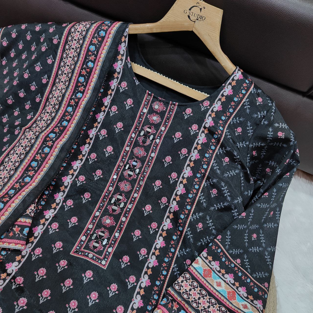 Luxury Black Floral Printed Chinon Silk Straight Suit Set with Matching Dupatt