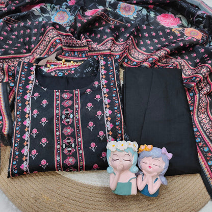Luxury Black Floral Printed Chinon Silk Straight Suit Set with Matching Dupatt