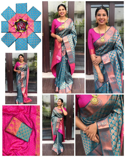 Elegant Women Dual Tone Kanjivaram Silk Saree with Rich Zari Pallu
