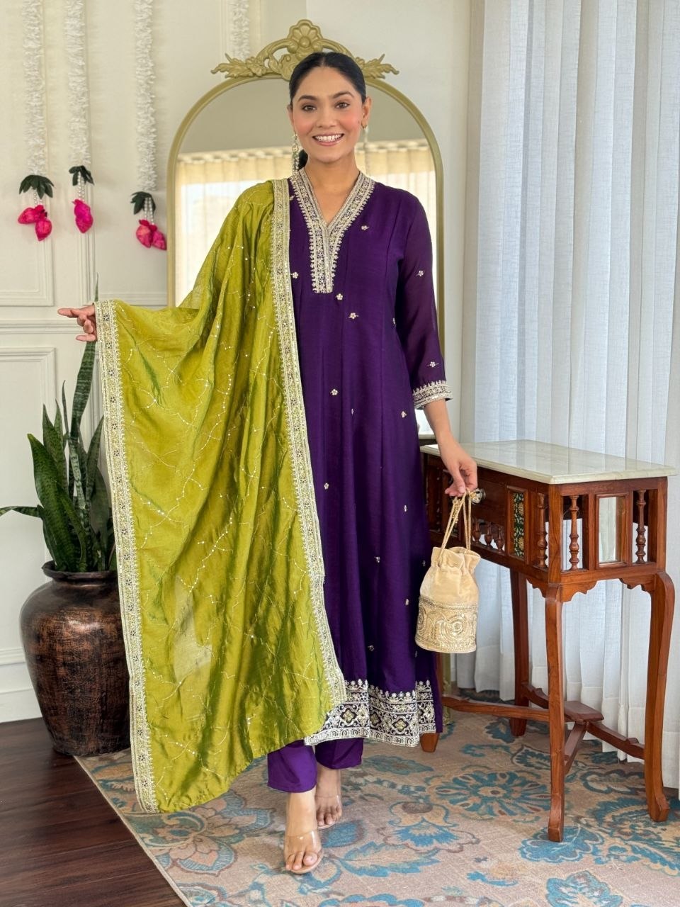 Beautiful Purple Vichitra Silk Embroidery Suit Set