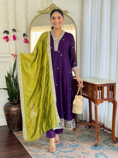 Beautiful Purple Vichitra Silk Embroidery Suit Set