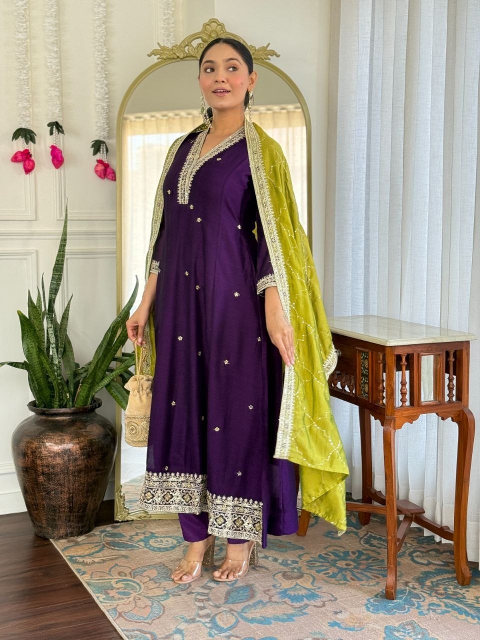 Beautiful Purple Vichitra Silk Embroidery Suit Set