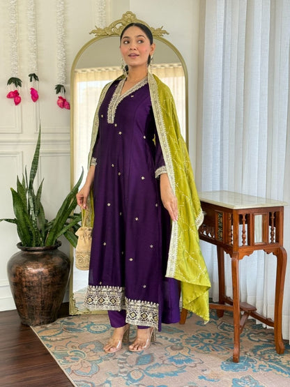 Beautiful Purple Vichitra Silk Embroidery Suit Set