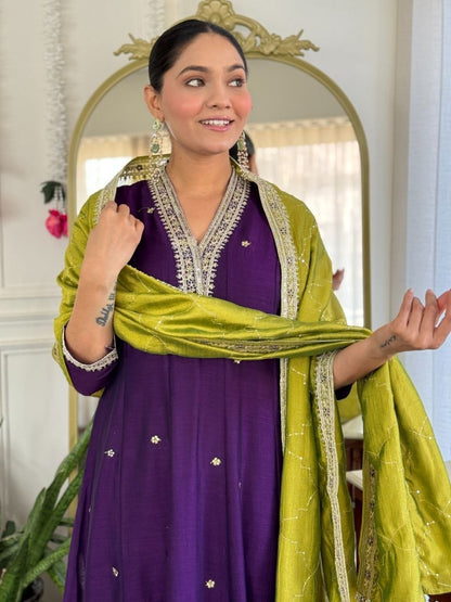 Beautiful Purple Vichitra Silk Embroidery Suit Set