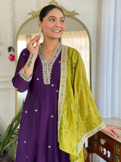 Beautiful Purple Vichitra Silk Embroidery Suit Set