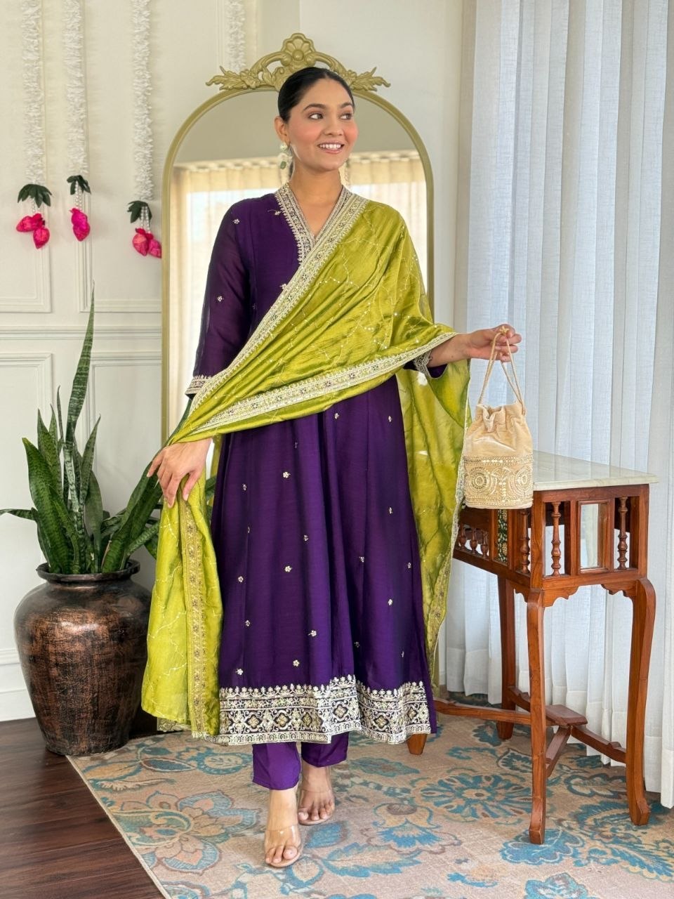Beautiful Purple Vichitra Silk Embroidery Suit Set