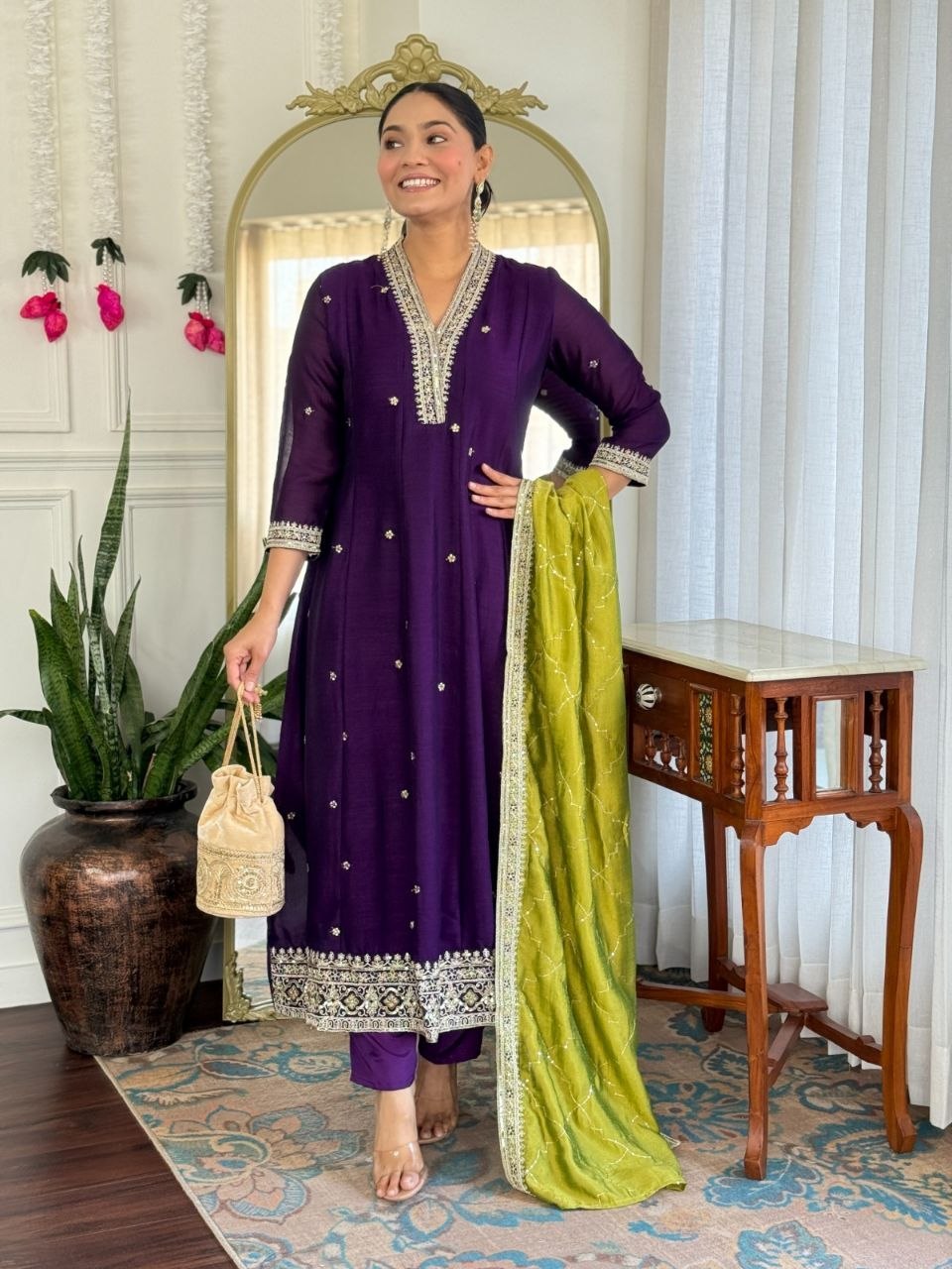 Beautiful Purple Vichitra Silk Embroidery Suit Set