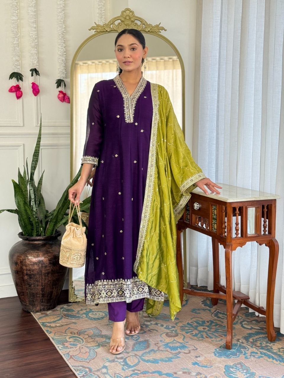 Beautiful Purple Vichitra Silk Embroidery Suit Set