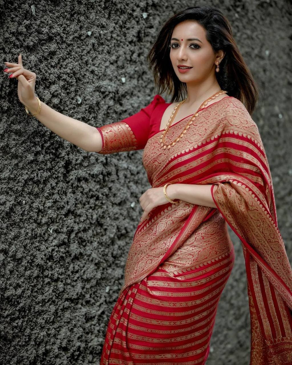 Premium Red Banarasi Style Saree with Luxurious Golden Zari Weaving