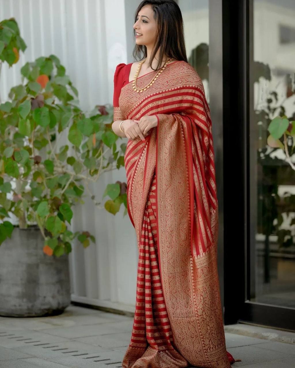 Premium Red Banarasi Style Saree with Luxurious Golden Zari Weaving