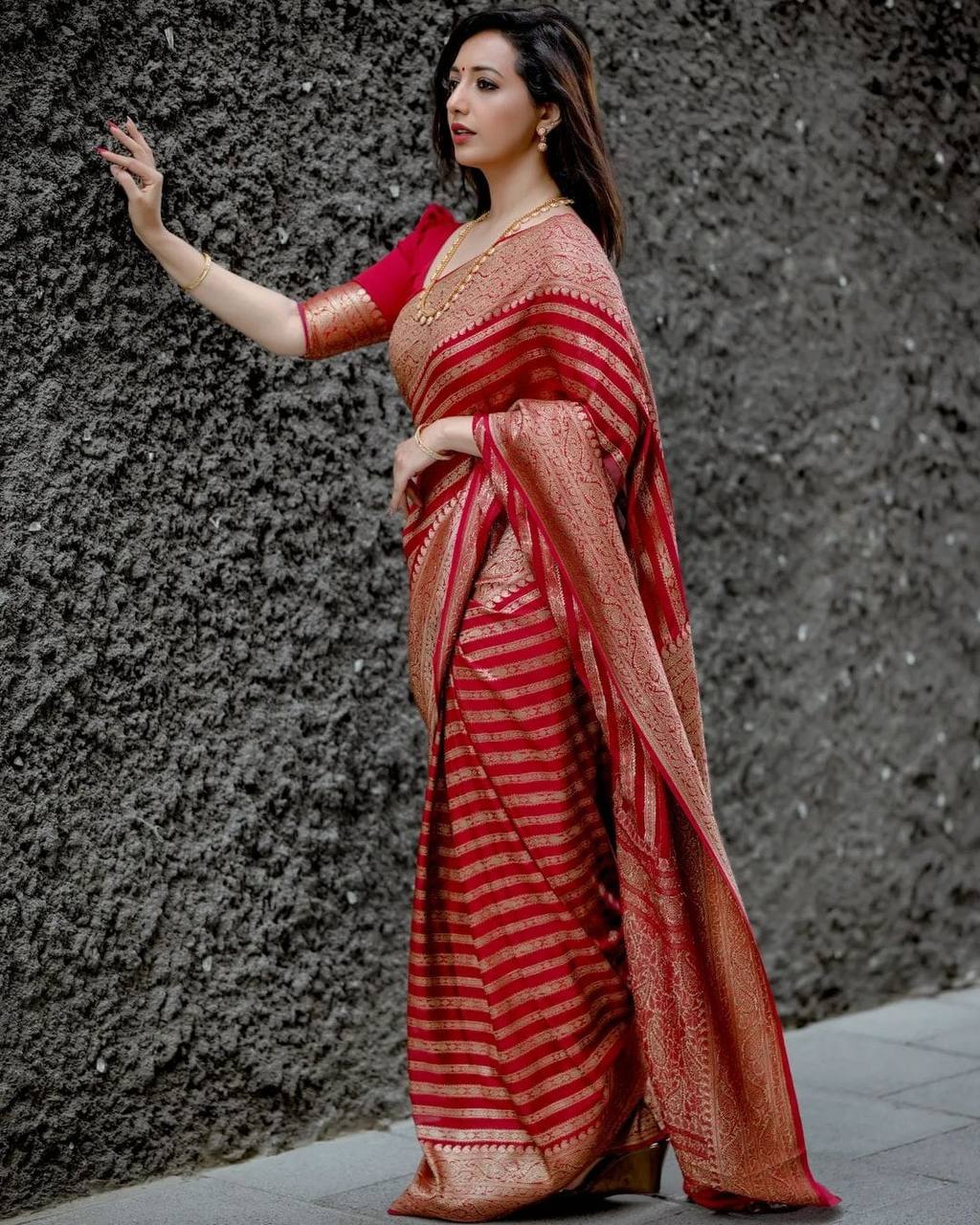 Premium Red Banarasi Style Saree with Luxurious Golden Zari Weaving