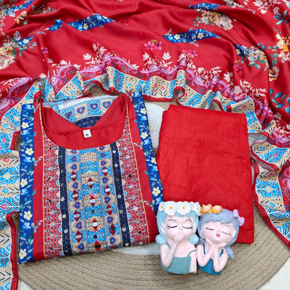 Gorgeous Women's Red Floral Printed Muslin Kurta Pant & Dupatta Set