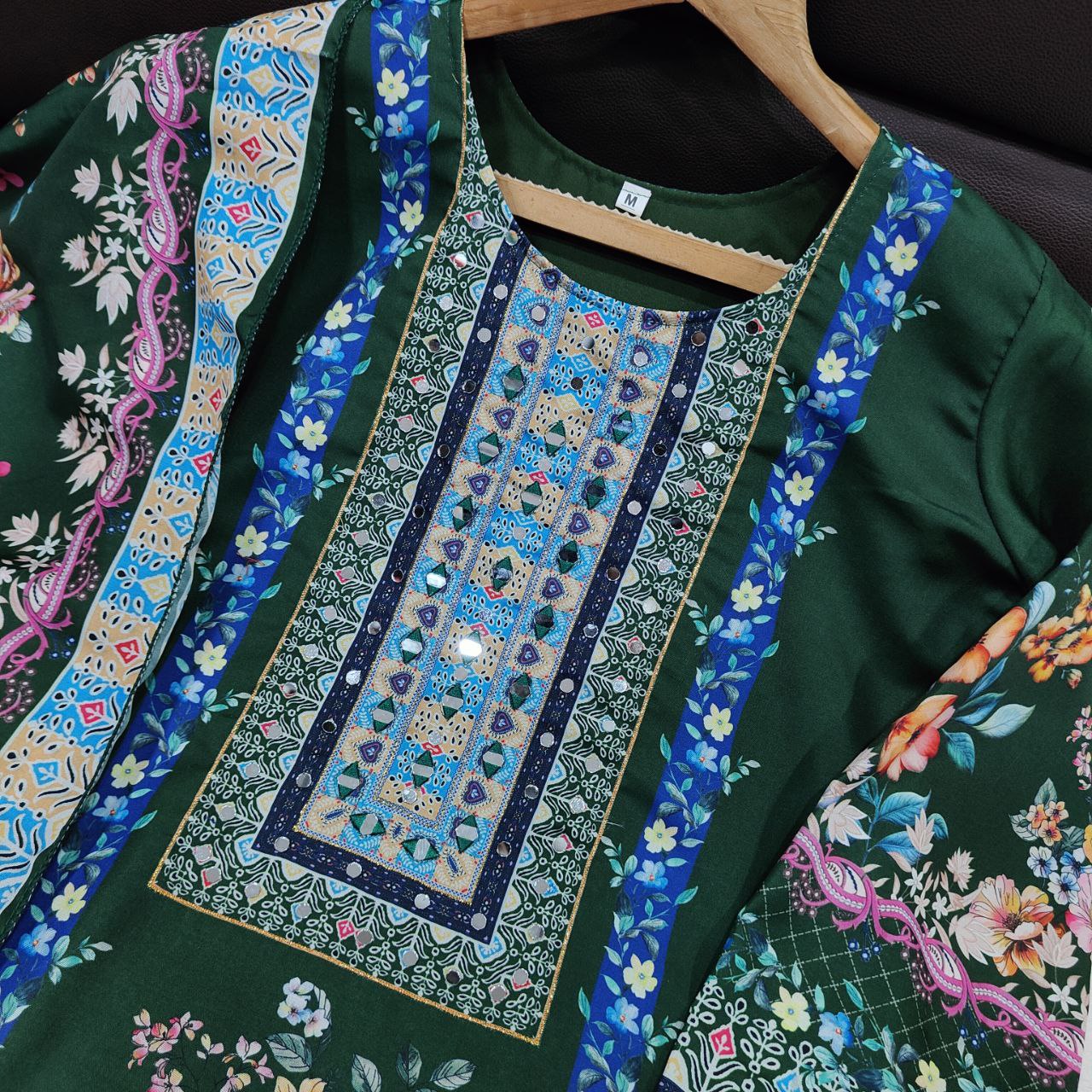 Premium Green Floral Printed Muslin Straight Suit Set with Matching Dupatta