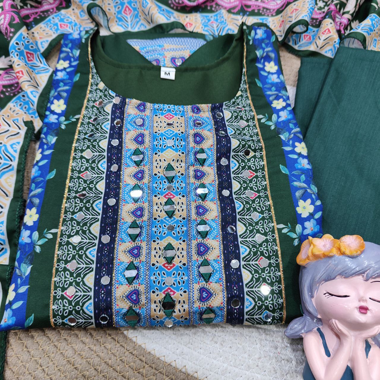 Premium Green Floral Printed Muslin Straight Suit Set with Matching Dupatta