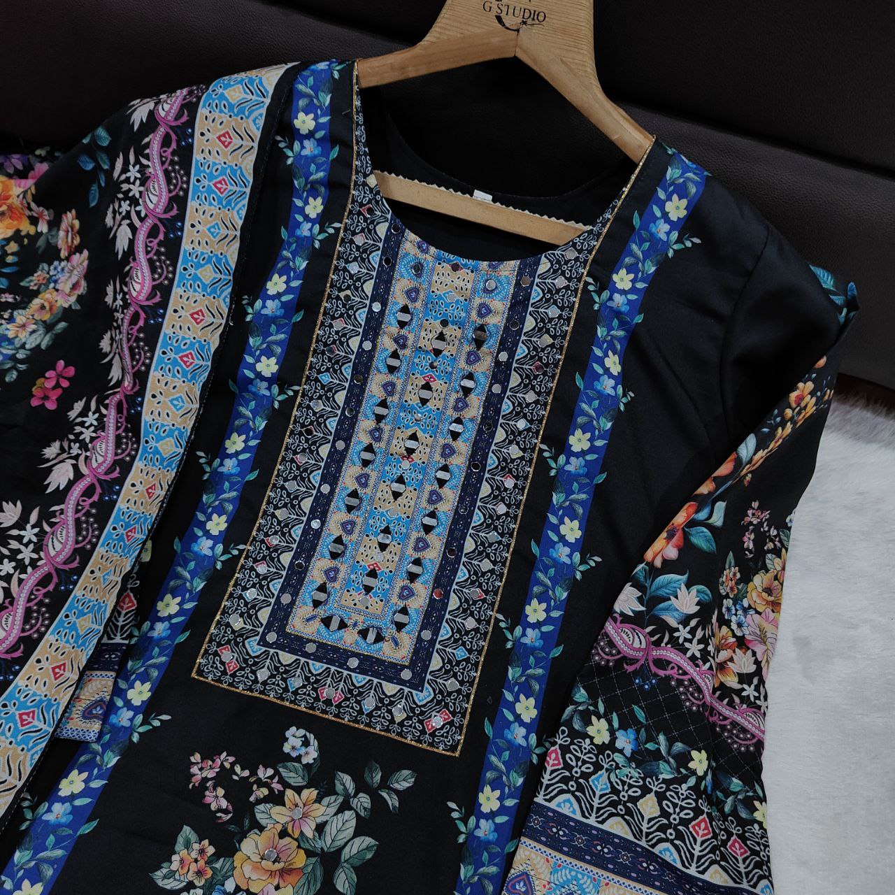 Black Floral Printed Kurta Set with Dupatta & Straight Pants