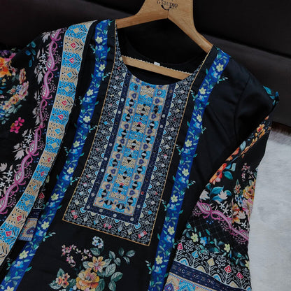 Black Floral Printed Kurta Set with Dupatta & Straight Pants