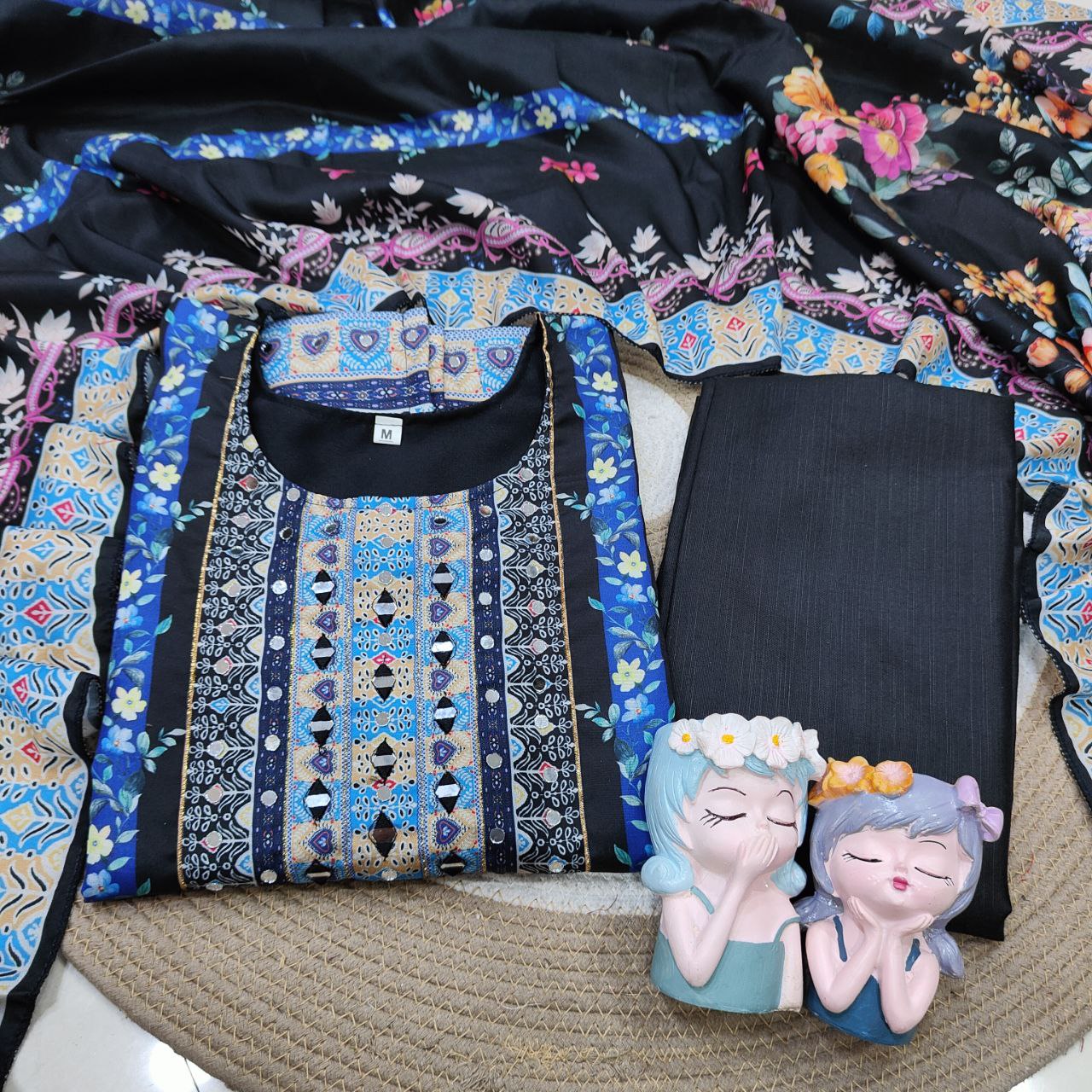 Black Floral Printed Kurta Set with Dupatta & Straight Pants